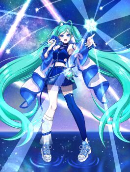 Rule 34 | 1girl, absurdres, aqua hair, aqua nails, armpits, assiette47, blue eyes, blue jacket, blue skirt, blue thighhighs, braid, braided hair rings, breasts, collarbone, commentary request, crop top, earrings, full body, hair ornament, hair rings, hatsune miku, highres, holding, holding microphone, jacket, jewelry, long hair, long sleeves, magical mirai (vocaloid), magical mirai miku, magical mirai miku (2025), medium breasts, microphone, midriff, navel, official alternate costume, official alternate hairstyle, open clothes, open jacket, open mouth, shirt, single earring, single thighhigh, skirt, sleeveless, sleeveless shirt, small stellated dodecahedron, smile, solo, star (symbol), star hair ornament, stomach, thighhighs, twintails, very long hair, vocaloid