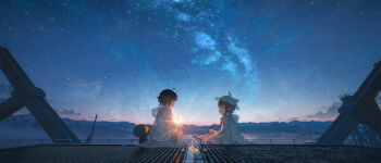 2girls absurdres ahoge backlighting brown_hair cloud dawn hat highres jacket multiple_girls open_mouth original peaked_cap scenery see-through_clothes see-through_jacket short_hair sitting sky star_(sky) starry_sky void_0