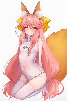 1girl animal_ear_fluff animal_ears blush bow bowtie braid braided_sidelocks breasts covered_navel fate/grand_order fate_(series) fox_ears fox_girl fox_tail full_body hair_bow highres long_hair looking_at_viewer low-tied_long_hair nonnbele69 one-piece_swimsuit pink_hair school_swimsuit seiza shiny_skin short_eyebrows sitting skindentation small_breasts solo swimsuit tail tamamo_aria_(fate) thighhighs thighs very_long_hair white_one-piece_swimsuit yellow_bow yellow_eyes