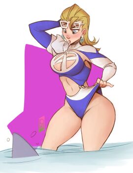 1girl blonde_hair blue_eyes blush breasts cleavage cleavage_cutout clothing_cutout earrings fantastic_four highres jeff_(marvel) jewelry large_breasts long_hair marvel marvel_rivals navel official_alternate_costume one-piece_swimsuit phelippetom smile sue_storm sue_storm_(azure_shade) sunglasses swimsuit thighs