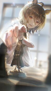 Rule 34 | 2girls, agnes tachyon (tach-nology) (umamusume), agnes tachyon (umamusume), ahoge, animal ears, black coat, black hair, black necktie, black pantyhose, black shirt, black shoes, black skirt, brown hair, coat, collared shirt, commentary, hair between eyes, highres, horse ears, horse girl, horse tail, lab coat, long bangs, long hair, m u s i n, manhattan cafe (creeping shadow) (umamusume), manhattan cafe (umamusume), mixed-language commentary, multiple girls, necktie, open mouth, pantyhose, pleated skirt, red eyes, shirt, shoes, short hair, skirt, sweater, tail, toy, umamusume, wolf cut, yellow necktie, yellow sweater