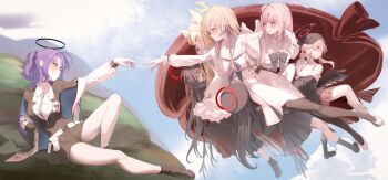 6+girls animal_ear_fluff animal_ears black_boots black_hair black_halo black_hat black_jacket black_neckerchief black_sailor_collar black_serafuku black_shirt black_skirt black_wings blonde_hair blue_archive blue_necktie boots dress feathered_wings fox_ears fox_girl halo hare_(hare_1730) hat head_wings highres jacket koharu_(blue_archive) long_hair mika_(blue_archive) multiple_girls nagisa_(blue_archive) neckerchief necktie pink_eyes pink_hair pink_skirt purple_hair reaching reaching_towards_another red_halo sailor_collar school_uniform seia_(blue_archive) serafuku shirt skirt tsurugi_(blue_archive) white_dress white_sailor_collar white_shirt wings yellow_eyes yellow_halo yuuka_(blue_archive)