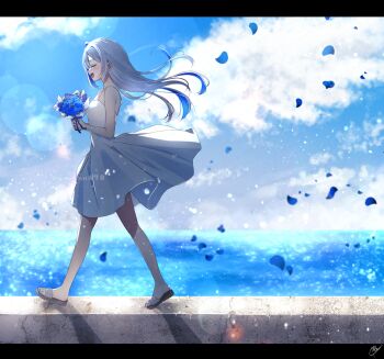 1girl amane_kanata blue_flower blue_hair blue_sky bouquet closed_eyes cloud cloudy_sky colored_inner_hair commentary_request day dress falling_petals floating_hair flower from_side full_body grey_hair highres holding holding_bouquet hololive long_hair multicolored_hair ocean open_mouth outdoors pecco_(pecco297) petals sandals single_hair_intake sky sleeveless sleeveless_dress smile solo virtual_graduation_commemoration virtual_youtuber walking white_dress