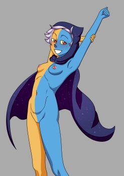 1girl :d absurdres blue_skin brown_eyes cloak colored_skin facial_mark floating glowing highres hood hood_up hooded_cloak looking_at_viewer marysia misaeldm multicolored_skin open_mouth red_eyes short_hair smile solo spoilers tagme the_collector_(the_owl_house) the_owl_house thick_eyebrows two-tone_skin white_hair yellow_skin