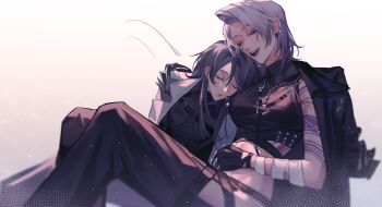 2girls arm_tattoo black_coat black_gloves black_hair black_pants black_shirt black_skirt breasts chest_harness chief_(path_to_nowhere) closed_eyes coat coat_on_shoulders collared_shirt commentary crop_top earrings eyeliner feet_out_of_frame female_chief_(path_to_nowhere) forehead gloves gradient_background grey_coat grey_hair hand_on_another&#039;s_shoulder harness heads_together highres jewelry leaning_on_person light_particles liiger long_hair makeup medium_breasts medium_hair midriff motion_lines multiple_girls open_mouth pants path_to_nowhere purple_eyeliner purple_lips shirt side-by-side sitting skirt sleeping sleeveless sleeveless_shirt smile stomach_tattoo swept_bangs sword_necklace tattoo tribal_tattoo turtleneck white_background zoya_(path_to_nowhere)