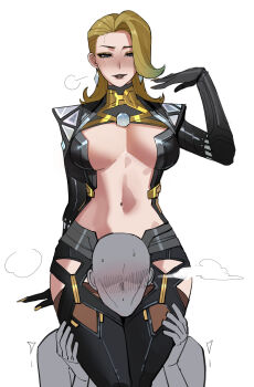 1boy 1girl absurdres armor asphyxiation between_thighs black_jacket black_lips black_pants blonde_hair blue_eyes blush breasts carrying clothing_cutout earrings emma_frost emma_frost_(x-revolution) faceless faceless_male flipped_hair hand_up head_between_thighs highres jacket jewelry large_breasts looking_at_another marvel marvel_rivals medium_hair navel official_alternate_costume pants parted_lips puff_of_air ratatatat74 shoulder_armor shoulder_carry simple_background sitting sitting_on_person smile squeezing stomach sweatdrop thick_thighs thighs white_background x-men