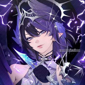 1girl black_gloves black_hair closed_mouth commentary commission electricity english_commentary feathered_wings gloves grey_eyes hair_between_eyes half_gloves head_tilt head_wings holding holding_weapon lavelis lips long_hair looking_at_viewer multicolored_hair original pink_lips pointy_ears purple_hair purple_wings smile solo symbol-shaped_pupils two-tone_hair weapon wings