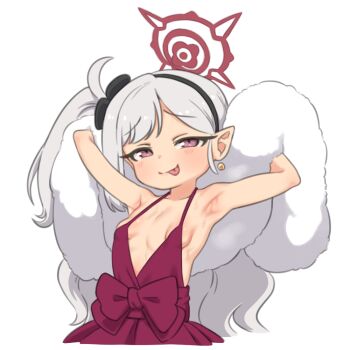 1girl armpits arms_behind_head basukechi blue_archive breasts dress mutsuki_(blue_archive) no_bra pointy_ears simple_background small_breasts solo tongue tongue_out upper_body white_hair