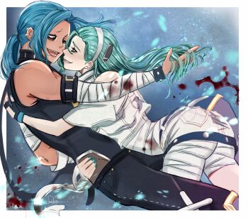 1boy 1girl a.b.a aqua_hair aqua_nails armlet ass bags_under_eyes bandaged_arm bandaged_leg bandages bare_shoulders black_eyes black_gloves black_pants black_shirt blood bloody_bandages blue_background blue_hair border bracelet cattedawn clothing_cutout commentary crop_top curtained_hair english_commentary fingerless_gloves gloves grin guilty_gear guilty_gear_strive hairband hand_in_another's_hair hand_on_another's_back hand_on_another's_hip hetero highres hip_vent hug humanization jewelry long_hair looking_at_another nail_polish one_eye_closed open_mouth pants paracelsus_(guilty_gear) ponytail shirt shorts smile white_border white_hairband white_shirt white_shorts