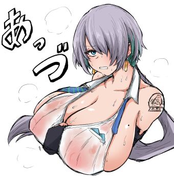 1girl backless_shirt bare_shoulders blue_eyes blue_necktie blush breasts brid_(nikke) bridal_gauntlets clenched_teeth collarbone colored_inner_hair earrings floating_earrings goddess_of_victory:_nikke green_hair grey_hair hair_over_one_eye highres huge_breasts jewelry long_hair low-tied_long_hair mole mole_on_breast multicolored_hair necktie nipples shirt shoulder_tattoo sideboob sideless_shirt sleeveless solo striped_necktie sweat tatto tattoo teeth tkool_man white_shirt