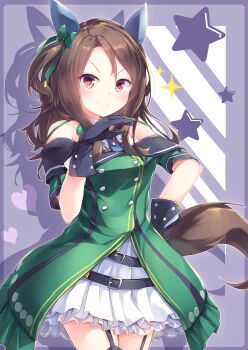 Rule 34 | 1girl, absurdres, animal ears, bare shoulders, black gloves, black thighhighs, blush, bow, breasts, brown hair, buttons, closed mouth, coat, commentary request, double-breasted, dress, ear bow, ear covers, ear ribbon, garter straps, gloves, green bow, green dress, hand on own hip, highres, horse ears, horse girl, horse tail, kanzakietc, king halo (king of emeralds) (umamusume), king halo (umamusume), long hair, looking at viewer, off-shoulder coat, off-shoulder dress, off shoulder, red eyes, smile, smug, solo, star (symbol), tail, thighhighs, umamusume