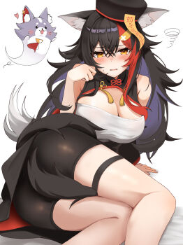 1girl absurdres alternate_costume animal_ear_fluff animal_ears ass black_hair black_hat blush breasts colored_inner_hair commentary dress ghost hair_between_eyes hair_ornament hat heart highres hololive jiangshi large_breasts long_hair looking_at_viewer micon miofa_(ookami_mio) multicolored_hair ofuda ookami_mio orange_eyes purple_hair qingdai_guanmao red_hair solo streaked_hair sweatdrop symbol-only_commentary tail tassel thigh_strap very_long_hair virtual_youtuber white_background wolf_ears wolf_girl wolf_tail