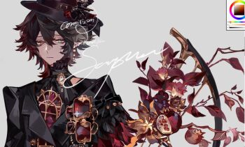 1boy black_hair black_hat brooch coat earrings flower food fruit gem grey_background hair_between_eyes hair_ornament hat hat_flower heterochromia highres jewelry liulianjingrua long_sleeves looking_at_viewer male_focus original pomegranate red_flower short_hair simple_background solo top_hat upper_body