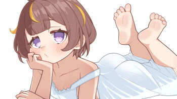 1girl alternate_costume anya_melfissa aobara_hairi barefoot blonde_streaks blunt_bangs bob_cut brown_hair closed_mouth double-parted_bangs dress feet feet_up flat_chest hand_on_own_head hand_rest head_rest highres hololive hololive_indonesia light_blush loli looking_at_viewer lying multicolored_hair o3o official_alternate_hairstyle on_stomach purple_eyes short_hair simple_background soles solo strap_slip streaked_hair the_pose thick_eyebrows toes two-tone_hair virtual_youtuber white_background white_dress