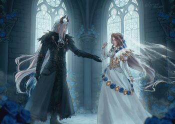 1boy 1girl aerith_gainsborough aerith_gainsborough_(prism_dress) ascot black_boots black_coat black_feathers black_gloves black_horns blue_flower blue_rose boots breasts church cleavage closed_eyes coat couple detached_sleeves dress dress_flower feather_trim feathers final_fantasy final_fantasy_vii final_fantasy_vii:_ever_crisis flower gloves gold_trim grey_hair hair_flower hair_ornament hetero horns kay-i long_coat long_dress long_hair low_ponytail medium_breasts official_alternate_costume official_alternate_hairstyle outstretched_hand parted_bangs plunging_neckline ponytail rose see-through_clothes see-through_sleeves sephiroth sephiroth_(dark_harbinger) sidelocks standing tiara veil white_ascot white_dress white_sleeves