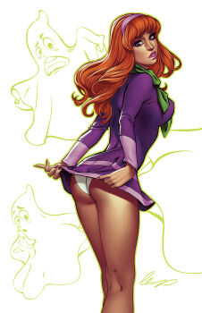1girl ass daphne_blake dress elias_chatzoudis ghost hairband highres long_hair looking_at_viewer orange_hair panties purple_dress purple_eyes purple_hairband scooby-doo signature simple_background solo underwear white_background white_panties