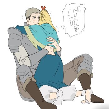 1boy 1girl armor blonde_hair blue_capelet blue_robe boots breastplate brown_hair brown_pants brown_shoes capelet commentary dungeon_meshi flying_sweatdrops gorget hair_ribbon highres hood hooded_capelet hug knee_pads kneeling laios_touden light_blush long_hair marcille_donato pants pauldrons plate_armor ponytail puffy_pants red_ribbon ribbon robe sandals shaking shoes short_hair shoulder_armor sitting speech_bubble spt0055 sweatdrop translated white_background white_pants white_shoes
