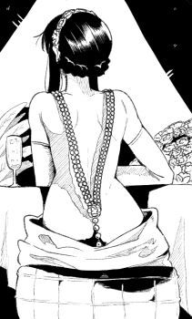 1girl braid champagne_flute cup drinking_glass elbow_gloves from_behind gloves greyscale hairband jewelry monochrome sidelocks sitting solo spy_x_family table topless_female upper_body wanderjegson yor_briar