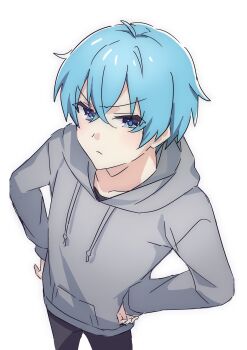 Rule 34 | 1boy, 9 v4ni, black pants, blue eyes, blue hair, closed mouth, colon (stpri), cowboy shot, from above, furrowed brow, grey hoodie, hair between eyes, hands on own hips, highres, hood, hood down, hoodie, long sleeves, looking at viewer, pants, short hair, simple background, strawberry prince, white background