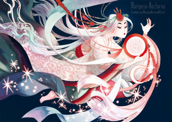1girl amaterasu_(mythology) artist_name barefoot blue_background blue_eyes blue_hair closed_mouth commentary english_commentary facebook_username full_body gradient_hair holding holding_mirror japanese_clothes japanese_mythology kimono long_hair mariposa_nocturna mirror multicolored_hair pink_kimono religion solo sparkle very_long_hair watermark web_address white_hair
