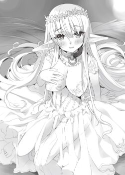 1girl absurdres blush breasts cleavage collar dot_nose dress elf female_focus head_wreath highres isekai_maou_to_shoukan_shoujo_no_dorei_majutsu large_breasts long_hair long_skirt looking_at_viewer midriff monochrome navel no_bra novel_illustration official_art open_mouth pointy_ears see-through_clothes see-through_skirt sexually_suggestive shera_l._greenwood sitting skirt slave sleeveless sleeveless_dress solo solo_focus stomach toes tsurusaki_takahiro very_long_hair wedding_dress