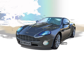 2025 artist_name aston_martin aston_martin_vanquish car commentary_request dated grass grey_car license_plate logo motor_vehicle nimbus_goldbrum no_humans original product_placement shadow silhouette simple_background sports_car tree vehicle_focus watermark white_background