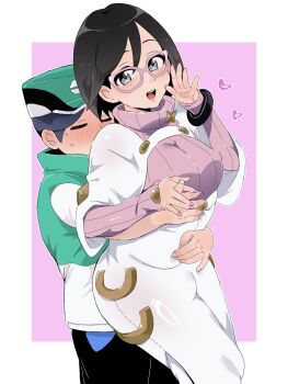1boy 1girl :d age_difference black_hair black_pants blush border calem_(pokemon) closed_eyes commentary_request cosplay genderswap genderswap_(mtf) glasses grabbing_another's_breast green_hat green_vest grey_eyes groping hat heart hetero highres hug hug_from_behind nail_polish nintendo onee-shota open_mouth pants pokemon pokemon_masters_ex pokemon_sm pokemon_xy purple-framed_eyewear purple_background sana_(37pisana) scottie_(pokemon) shirt short_hair shota smile sweat teeth upper_teeth_only vest white_border white_shirt wicke_(pokemon) wicke_(pokemon)_(cosplay)