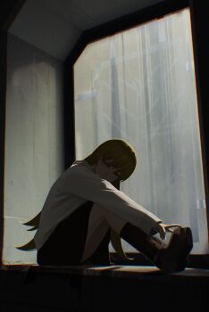 1girl backlighting black_skirt blonde_hair boots brown_boots chromatic_aberration closed_mouth day expressionless fingernails flipped_hair from_side full_body hair_between_eyes hair_flaps hand_on_own_foot hand_on_own_shoulder hand_up hashtag-only_commentary highres jitome knees_to_chest knees_up legs_together long_hair long_sleeves looking_at_viewer monogatari_(series) nemo_ringo on_windowsill oshino_shinobu outstretched_legs shade sitting skirt solo sweater very_long_hair white_sweater window yellow_eyes