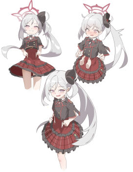 1girl absurdres belt black_belt black_cross_tie black_flower black_jacket black_scrunchie blue_archive blush commentary_request covered_navel cowboy_shot cropped_jacket cross_tie disembodied_hand dot_nose flower flustered frilled_skirt frills from_above from_below front_slit grey_hair grin hair_between_eyes hair_flower hair_ornament hair_scrunchie halo highres jacket kaminari_(edeath) long_hair looking_at_viewer mesugaki midriff_peek multiple_views mutsuki_(blue_archive) narrowed_eyes neck_ribbon one_side_up open_mouth plaid_clothes plaid_skirt pointy_ears purple_eyes red_halo red_ribbon red_skirt red_trim ribbon scrunchie sexually_suggestive short_sleeves side_ponytail simple_background single_sidelock skirt smile standing straight_hair surprised teasing thigh_strap thighs very_long_hair wavy_mouth white_background