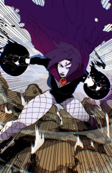 1girl absurdres breasts cloak colored_skin dc_comics forehead_jewel grey_skin highres isaacchief300 leotard looking_at_viewer purple_cloak purple_eyes purple_hair purple_lips raven_(dc) short_hair simple_background solo thighs white_background