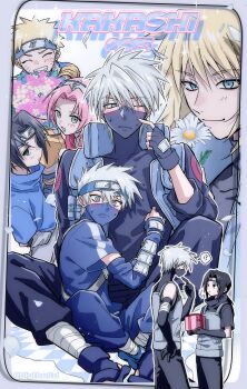 1girl 6+boys age_progression bandaged_leg bandages bare_shoulders black_gloves black_hair black_mask black_pants black_shirt blonde_hair blue_eyes blue_headband blue_pants blue_shirt blue_shorts blue_sleeves blythecd box closed_eyes commentary_request dated detached_sleeves facial_mark fingerless_gloves flower gift gift_box gloves green_eyes grey_eyes grey_hair grey_shorts grey_vest grin hair_between_eyes haruno_sakura hatake_kakashi headband highres holding holding_box holding_flower holding_gift konohagakure_symbol light_smile long_hair low_ponytail mask mouth_mask multiple_boys multiple_views namikaze_minato naruto_(classic) naruto_(series) naruto_shippuuden open-toe_shoes original pants parted_bangs pink_hair pointing pointing_at_self ponytail red_shirt scar scar_across_eye scar_on_face shirt short_hair shorts smile spiked_hair teeth time_paradox uchiha_itachi uchiha_sasuke upper_body uzumaki_naruto vest whisker_markings white_flower