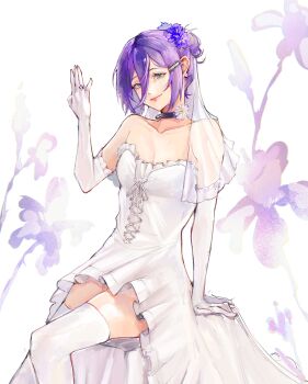 1girl absurdres alternate_costume basil_(basiilleaf) black_choker blush breasts bridal_veil chainsaw_man choker commentary cross-laced_clothes cross-laced_dress dress earrings elbow_gloves feet_out_of_frame flower flower_choker frilled_dress frilled_gloves frills gloves green_eyes hair_between_eyes hair_flower hair_ornament hairclip hand_up high-low_dress highres jewelry long_dress looking_at_viewer open_hand parted_lips pearl_earrings purple_flower purple_hair reze_(chainsaw_man) ring see-through_clothes see-through_veil short_hair signature sitting small_breasts smile solo strapless strapless_dress symbol-only_commentary thighhighs veil wedding_dress wedding_ring white_background white_flower white_gloves white_thighhighs white_veil