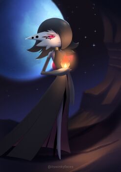 1girl alternate_color alternate_shiny_pokemon arm_at_side artist_name black_dress black_gloves black_hair closed_mouth colored_skin dark dress elbow_gloves female_focus fire flat_chest full_body full_moon gardevoir gen_3_pokemon gloves hair_over_one_eye hand_up highres long_dress medium_hair moon night nintendo no_feet one_eye_covered outdoors plug_(piercing) pokemon pokemon_(creature) pyrokinesis red_eyes serious sleeveless sleeveless_dress solo standing star_(sky) twitter_username watermark white_skin winkyfaces