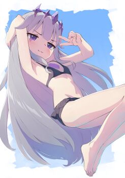 1girl :3 absurdres alternate_costume barefoot bikini blush chest_jewel circlet colored_inner_hair face_jewel feet flat_chest frilled_bikini frills gem grey_hair highres hololive hololive_english jewel_under_eye koseki_bijou loli long_hair looking_at_viewer multicolored_hair navel pink_hair purple_eyes purple_gemstone recklessdraw smile solo swimsuit v very_long_hair virtual_youtuber