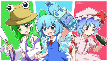Rule 34 | 3girls, bat wings, blue eyes, blue hair, bottle, cirno, dress, ehoumaki, euphemism, food, fumo (doll), green eyes, green hair, green ribbon, japanese clothes, kochiya sanae, makizushi, multiple girls, nontraditional miko, pyonta, rakkidei, red eyes, remilia scarlet, ribbon, short hair, splatterhouse, sushi, touhou, vampire, wings