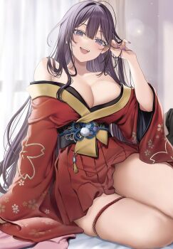 1girl :d bare_shoulders blush breasts commentary_request hamu_(plot_sy) hand_in_own_hair highres japanese_clothes kimono large_breasts long_hair long_sleeves looking_at_viewer nail_polish off_shoulder open_mouth original pleated_skirt purple_eyes purple_hair purple_nails red_skirt sitting skirt smile solo teeth thighs upper_teeth_only wide_sleeves