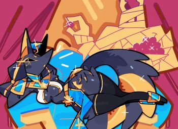 anubis_(mythology) black_thighhighs bourbunbun breasts dog_girl furry furry_female gold gold_nails grey_fur highres jewelry original sabinu_(bourbunbun) thighhighs underboob
