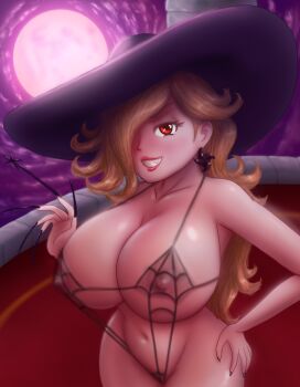 1girl 2022 absurdres alcina_dimitrescu alcina_dimitrescu_(cosplay) alternate_breast_size bikini black_bikini blonde_hair breasts bulging_breasts capcom cosplay covered_erect_nipples crossover dark_sky earrings elf g-string highres huge_breasts jewelry large_hat long_hair looking_at_viewer mario_(series) moon moonlight nintendo pale_skin pointy_ears purple_sky red_eyes resident_evil resident_evil_village rosalina saf-404 sky smile string_bikini super_mario_galaxy swimsuit tagme thong transparent_bikini
