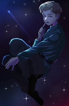 Rule 34 | 1boy, bal09853549800, belt, black belt, black pants, black shoes, blonde hair, blue eyes, blue jacket, chi.: chikyuu no undou ni tsuite, commentary request, full body, highres, index finger raised, jacket, looking at viewer, male focus, open mouth, pants, rafal (chi.), shoes, sky, solo, star (sky), starry sky