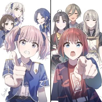 Rule 34 | 6+girls, = =, absurdres, ahoge, ai (girls band cry), anger vein, awa subaru, black choker, blue hair, blue jacket, blue streaks, blush, brown eyes, brown hair, choker, closed eyes, closed mouth, commentary request, crossed arms, diamond dust (girls band cry), ebizuka tomo, erika (user spth3377), girls band cry, gradient hair, green eyes, grey eyes, grey hair, hair between eyes, highres, hina (girls band cry), iseri nina, jacket, kawaragi momoka, kuuhaku to catharsis, long hair, long hair between eyes, low twintails, multicolored hair, multiple girls, nana (girls band cry), open mouth, parted bangs, partial commentary, pink hair, pointing, pointing at viewer, purple eyes, purple hair, red shirt, rin (girls band cry), roots (hair), rupa (girls band cry), shirt, short hair, short sleeves, short twintails, simple background, sweatdrop, togenashi togeari, twintails, white background, white hair, white shirt