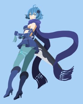 1girl aqua_pantyhose black_flower blue_background blue_eyes blue_hair boots closed_mouth drag-on_dragoon drag-on_dragoon_3 elbow_gloves female_focus flower gloves gradient_background hair_between_eyes hair_flower hair_ornament high_heel_boots high_heels highres holding holding_sword holding_weapon pantyhose purple_boots purple_gloves purple_scarf scarf short_hair solo sword toufu_(toufu_53) two_(drag-on_dragoon) weapon