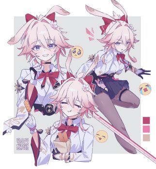 1girl animal_ears asymmetrical_gloves bag black_gloves black_pantyhose black_skirt bow bowtie breasts commentary_request crying_emoji eating emoji evanescia_(honkai:_star_rail) food fox_ears fox_girl gloves holding holding_bag honkai:_star_rail honkai_(series) measuring_stick medium_breasts mismatched_gloves multiple_views ninji665102 pantyhose paper_bag pink_hair purple_eyes qr_code red_bow red_bowtie sausage shirt short_hair_with_long_locks skirt smile white_gloves white_shirt