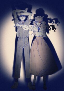 Rule 34 | 1boy, 1girl, amputee, arms up, bandage over one eye, bandages, black hair, black ribbon, blood, bloody bandages, brown hair, closed mouth, face piercing, fear &amp; hunger (series), fear &amp; hunger 2: termina, frilled shirt collar, frills, full body, green jumpsuit, highres, holding, holding knife, jumpsuit, knife, levi (fear &amp; hunger), long hair, long sleeves, looking at viewer, marina (fear &amp; hunger), mouth piercing, neck ribbon, nul, outstretched arm, piercing, pink skirt, reverse grip, ribbon, shadow, shirt, shirt tucked in, short hair, short sleeves, skirt, slit throat, twintails, white shirt