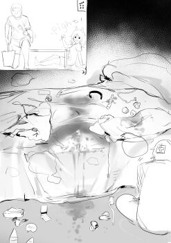 1boy 1girl aftersex bed bucket collar comic cum embarrassed faceless faceless_male hishi_miracle_(umamusume) implied_sex lingerie messy_room monochrome panties sex_toy shirt spoken_blush t-shirt tissue trainer_(umamusume) underwear uta_(xuyansong1996) vibrator