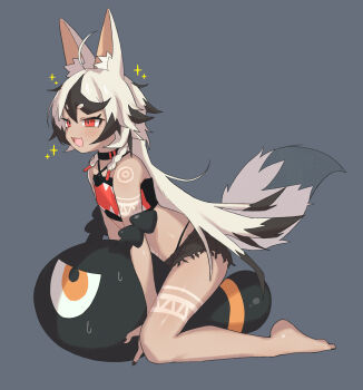 1girl :d absurdres ahoge animal_ear_fluff animal_ears arm_tattoo bare_shoulders black_shorts blush commentary dark-skinned_female dark_skin fang flat_chest fox_ears fox_girl fox_tail grey_background highres kneeling leg_tattoo long_hair open_mouth original pillow red_eyes red_shirt shirt short_shorts shorts shoulder_tattoo simple_background skin_fang smile solo sparkle strapless tail tattoo tetetaco tube_top very_long_hair white_hair