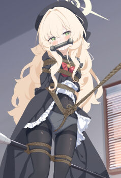 1girl absurdres arms_behind_back bdsm belly beret bit_gag black_bow black_bowtie black_gloves black_hat black_jacket black_pantyhose black_sailor_collar black_serafuku black_shirt black_skirt blonde_hair blue_archive blush bondage bound bound_arms bound_legs bound_torso bow bowtie breasts clenched_hand clothes_lift collarbone collared_shirt commission crotch_rope crying crying_with_eyes_open drooling embarrassed female_focus gag gagged gloves green_eyes halo hamuta_(machosbrown) hat highres indoors jacket kinbaku layered_skirt legs loli long_hair long_sleeves looking_ahead looking_at_another looking_to_the_side navel neckerchief panties panties_under_pantyhose pantyhose professor_niyaniya_(blue_archive) red_ribbon ribbon rope_walking sailor_collar saliva saliva_trail school_uniform serafuku shibari shibari_over_clothes shirt skeb_commission skin_tight skindentation skirt skirt_lift small_breasts solo spreader_bar standing tearing_up tears thighs underwear variant_set very_long_hair window yellow_halo