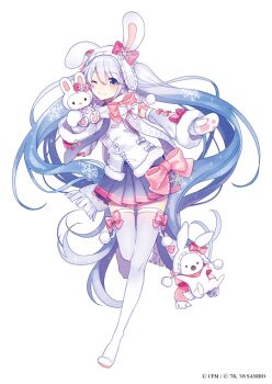 1girl :3 animal_ear_hairband animal_ears blue_eyes blue_hair blue_necktie blue_skirt boots bow bow_hairband bow_legwear closed_mouth commentary_request copyright_name copyright_notice detached_sleeves double-parted_bangs earmuffs fake_animal_ears full_body fur-trimmed_sleeves fur-trimmed_vest fur_trim gradient_hair hair_bow hair_ornament hairband hatsune_miku hello_kitty hello_kitty_(character) holding holding_stuffed_toy leg_up long_hair looking_at_viewer miniskirt mittens multicolored_hair necktie official_art one_eye_closed outstretched_arm patterned_hair paw_print_palms pink_bow pink_trim pleated_skirt rabbit rabbit_ear_hairband rabbit_ears rabbit_yukine saine sanrio scarf simple_background skindentation skirt sleeveless smile snowflake_hair_ornament snowflake_print standing standing_on_one_leg straight_hair stuffed_animal stuffed_cat stuffed_toy thigh_boots thighhighs twintails two-tone_hair very_long_hair vest vocaloid waistcoat white_background white_boots white_bow white_hair white_rabbit_(animal) white_scarf white_vest yuki_miku zettai_ryouiki