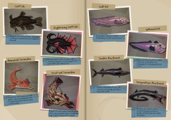 absurdres animal_focus bat_wings book catfish coiled dredge_(video_game) eel english_text fangs fantasy fish from_above gurnard highres hook horror_(theme) label mackerel_(fish) no_humans non-web_source official_art open_book open_mouth photo_(object) rock_skin stain tape wings