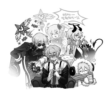 Rule 34 | > <, ..., 1boy, 4girls, :3, bag, belt, belt buckle, blush, bouquet, bow, bowtie, brooch, buckle, candy, cape, china dress, chinese clothes, cinq association east uniform, claws, clenched hand, closed eyes, closed mouth, coat, coat on shoulders, collar, commentary request, cup, demon horns, demon tail, don quixote (project moon), dress, dress shirt, e.g.o (project moon), facing down, facing viewer, fedora, flower, flying sweatdrops, food, fur-trimmed sleeves, fur hood, fur trim, gloves, goat horns, hair between eyes, hair ornament, half-closed eyes, halo, hand on own hip, hat, heart, heart hair ornament, heishou pack-wei branch (identity) (project moon), highres, holding, holding bag, holding bouquet, holding cup, holding unworn clothes, holding unworn hat, holding wand, hood, hood up, horns, id card, in the name of love and hate (e.g.o), index (identity) (project moon), index fingers together, jewelry, korean commentary, korean text, large bow, leaning forward, limbus company, long hair, looking at another, mug, multiple girls, multiple persona, necktie, noxnosk, off shoulder, open clothes, open coat, pastry bag, project moon, raised eyebrow, scarf, shirt, short hair, side slit, sidelocks, sinclair (project moon), sleepy, smile, speech bubble, spoken ellipsis, sweatdrop, tail, translation request, twintails, unworn hat, unworn headwear, wand, waving