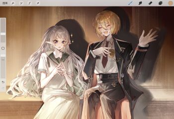 Rule 34 | arknights, black coat, blonde hair, blue eyes, bochishiraita, coat, collared shirt, don quixote (project moon), dress, hands up, highres, limbus company, long hair, long sleeves, mayors (project moon), multiple girls, necktie, open mouth, pants, pointy ears, project moon, red necktie, sailor collar, shirt, short hair, sitting, smile, star (symbol), very long hair, white dress, white hair, white shirt, yellow eyes